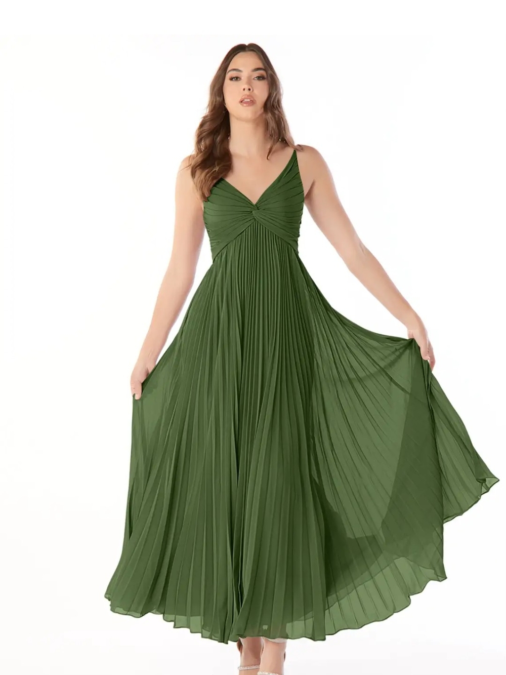 Azazie Raychelle Dress In Olive Green Pleated V-Neck Maxi Dress